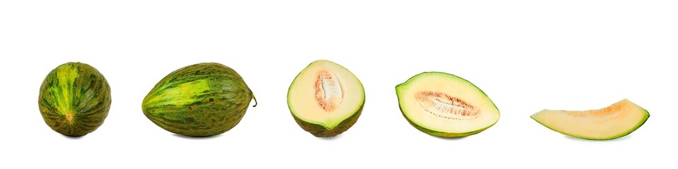 Set of halves, whole and slice of green melon isolated on white background 