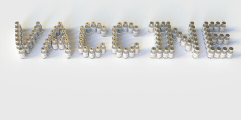 VACCINE text made with many medical vials. 3D rendering