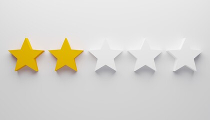 Two of five star rating on white background. Business services rating concept. 3d rendering