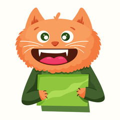 A cute cat in a cartoon style holds a sign. Vector illustration