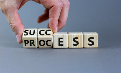 Success business process symbol. Businessman turns wooden cubes with words 'success process'. Beautiful grey background, copy space. Success business process concept.