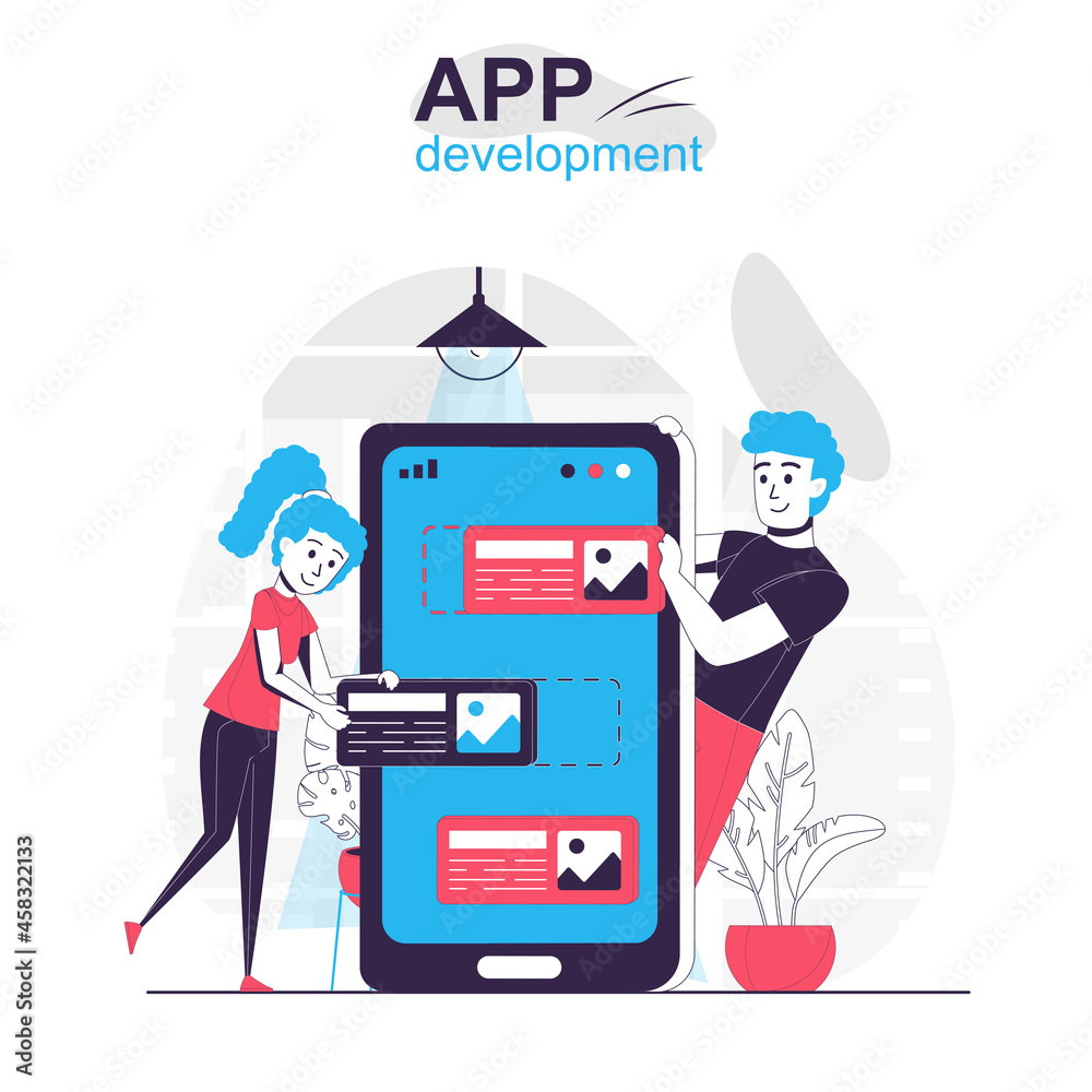 Aufkleber app development isolated cartoon concept. developers team creates ui layout design for app, people s