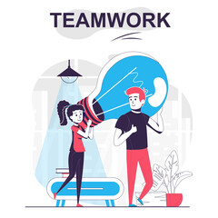 Teamwork isolated cartoon concept. Man and woman coming up with ideas, brainstorming together people scene in flat design. Vector illustration for blogging, website, mobile app, promotional materials.