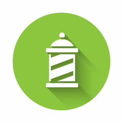 White Classic Barber shop pole icon isolated with long shadow. Barbershop pole symbol. Green circle button. Vector