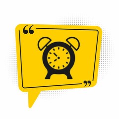 Black Alarm clock icon isolated on white background. Wake up, get up concept. Time sign. Yellow speech bubble symbol. Vector