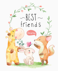best friends slogan with cute animals and leaf circle frame illustration