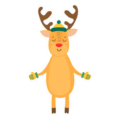 Illustration of cute deer in a hat and mittens