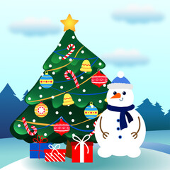 Snowman with Christmas tree and gifts. Winter landscape 