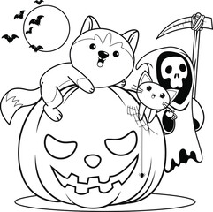 Halloween coloring book with cute husky