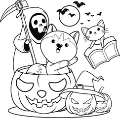 Halloween coloring book with cute husky