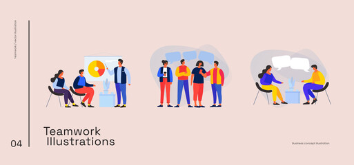 People on the team look at a pie chart. Data analysis and training. People are discussing business strategy, joint project. Meeting with business people. Vector flat illustration.