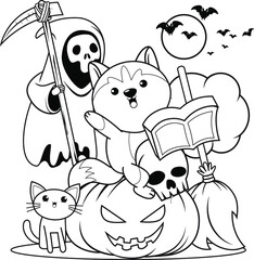 Halloween coloring book with cute husky