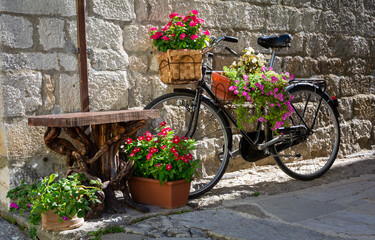 Fototapeta na wymiar A photo of Bicycle Decorated with Flowers