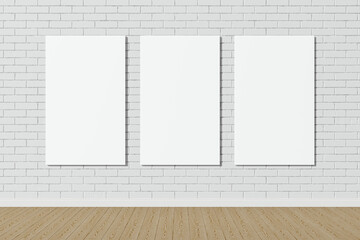 Three mock up poster on white brick wall. Empty white interior. 3D illustrations. 3D design interior. Template for business. Shadow on the wall. Empty blank for design. Place for your text. Triptych. - obrazy, fototapety, plakaty