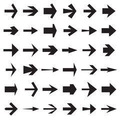 Collection of Arrow Icons. Indication the Way, a Certain Direction, the Next Button, etc. Black Symbols Isolated on a White Background. Vector Illustration