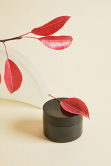 mock up black cream jar and red autumn fallen leaf on beige light background