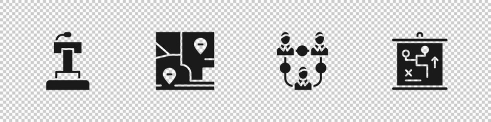 Set Stage stand or tribune, Folded map with location, Project team base and Planning strategy concept icon. Vector