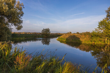 Fototapeta na wymiar Beautiful autumn nature landscape view. Small river along field merging to blue sky. Sweden. 