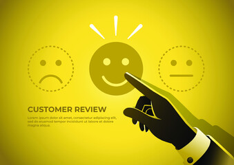 A businessman hand of client chose happy face icon. Customer review concept