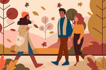 people walking autumn vector design illustration