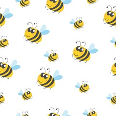 Seamless pattern children. Yellow bumblebees and bees. White background. Cartoon style. Cute and funny. Summer or spring. Textile, wrapping paper, scrapbooking, wallpaper, bedroom, packaging design
