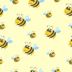 Seamless pattern children. Yellow bumblebees and bees. Yellow background. Cartoon style. Cute and funny. Summer or spring. Textile, wrapping paper, scrapbooking, wallpaper, bedroom, packaging design