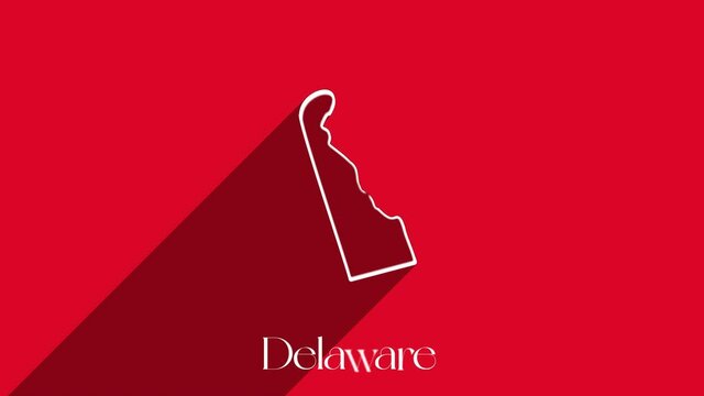 Animated line map showing the state of Delaware from the United State of America. USA. Delaware state lettering isolated on red background with shadow