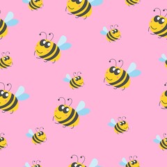 Seamless pattern children. Yellow bumblebees and bees. Pink background. Cartoon style. Cute and funny. Summer or spring. Textile, wrapping paper, scrapbooking, wallpaper, bedroom, packaging design