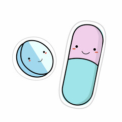 vector illustration pill doodle cartoon art tablet health medicine vitamin pharmacy paper background medical object template medication capsule care hospital fun set face smile colorful cute design