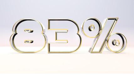 83% 3d glass material surrounded by a golden frame, discount business concept 3d render illustration.