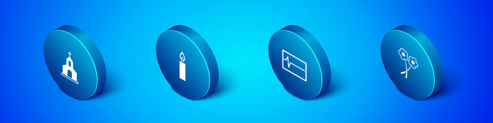 Set Isometric Church building, Beat dead monitor, Flower and Burning candle icon. Vector