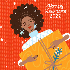Hand drawn trendy portrait of African American woman holding big gift box in hands. Celebration of Christmas holiday and New year. Happy black lady with afro hairstyle. Xmas surprise