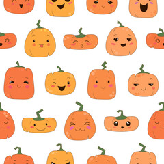 Vector seamless halloween pattern with flat style cute happy pumpkins on transparent background funny nice Halloween decoration
