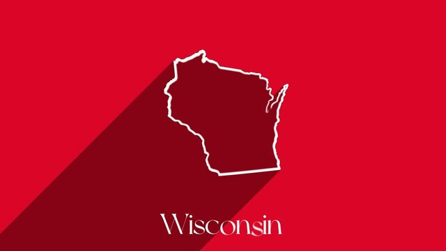 Animated line map showing the state of Wisconsin from the United State of America. USA. Wisconsin state lettering isolated on red background with shadow
