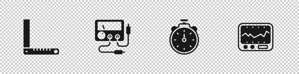 Set Corner ruler, Multimeter, voltmeter, Stopwatch and Measuring instrument icon. Vector