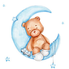 Cute teddy bear sleeps on blue moon; watercolor hand drawn illustration; with white isolated background