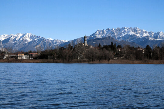 Italian lake and alps in a perfect winter scene