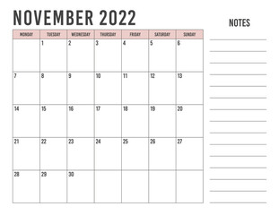 Simple calendar November 2022, Calendar November 2022 with simple landscape design