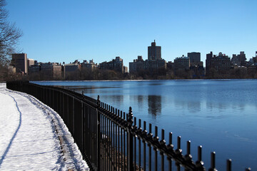Upper East Side of New York City behind the iconic reservoir in Central Park in Manhattan