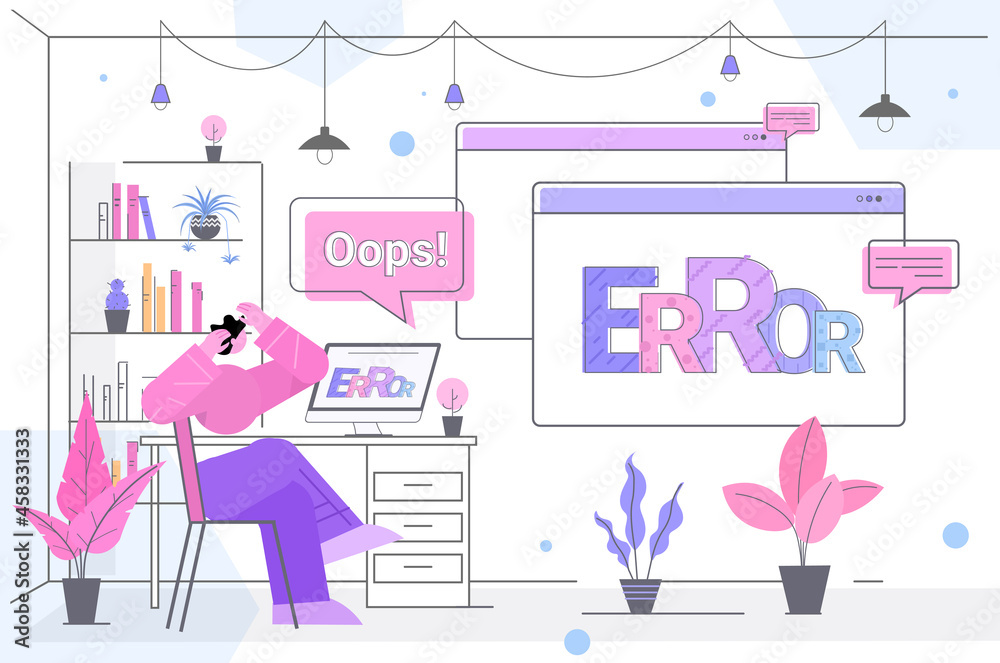 Poster frustrated businessman with error message on screen site with problem not working lost not found bro