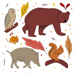 Obraz na płótnie Canvas hand drawn autumn forest animals set vector design illustration