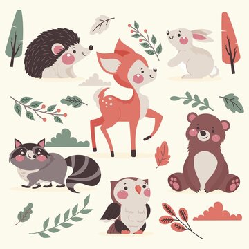 hand drawn autumn forest animals vector design illustration