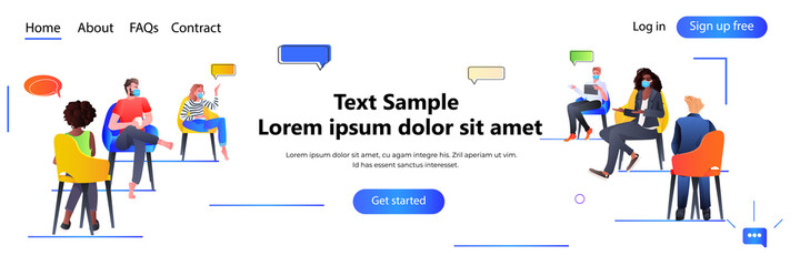 mix race businesspeople team in masks discussing during meeting chat bubble communication brainstorming