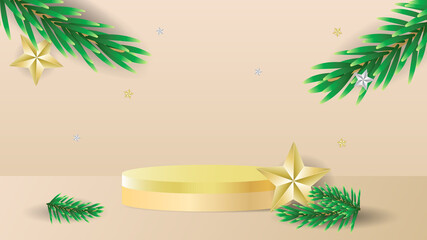 Fototapeta na wymiar Podium 3d illustration template with pine tree and star, Christmas elements on color background, for online content in Christmas holiday, illustration Vector EPS 10