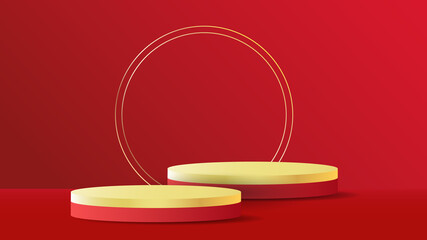 Red and gold color Podium 3d illustration template on red color background, for online content in Christmas holiday, illustration Vector EPS 10