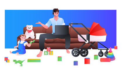 young father using laptop and spending time with little son and newborn baby in stroller fatherhood parenting concept