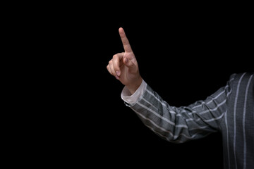 business woman presses her finger on a touch screen, woman touches a virtual button with her...