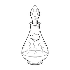 Black Simple Line Glass Flask Doodle Outline Cloud Thunderstorm Lightning Potion Drink Elixir Liquid Element Vector Design Style Sketch Isolated Illustration Magic Witchcraft