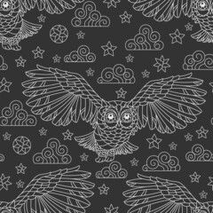Seamless pattern with light contour owls, stars and clouds on a dark background