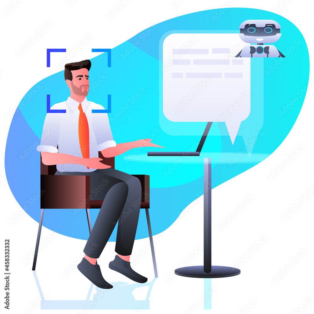 Poster man discussing with chatbot assistant detection and identification facial recognition system artific